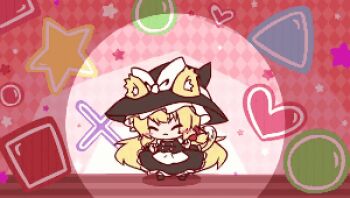 &gt;_&lt; 1girl animal_ears animated animated_gif blonde_hair cat_ears cat_girl cat_tail chibi dancing closed_eyes female_focus hat jumping kemonomimi_mode kirisame_marisa lowres ribbon ritateo solo star_(symbol) tail touhou witch_hat