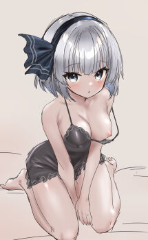 1girl :o alternate_costume arms_between_legs bare_legs barefoot black_chemise black_hairband blush breasts chemise commentary_request grey_hair hairband highres kneeling konpaku_youmu lingerie looking_at_viewer medium_breasts nipples one_breast_out short_hair soara_shimomo solo strap_slip touhou underwear underwear_only