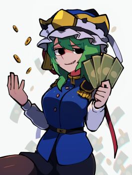 1girl asymmetrical_hair banknote belt belt_buckle black_eyes black_skirt blue_vest bow brown_pantyhose buckle buttons coin collared_vest epaulettes frilled_hat frills green_hair hat highres holding holding_money holed_coin iganashi1 long_sleeves looking_at_viewer looking_to_the_side miniskirt money money_fan pantyhose raised_eyebrow shiki_eiki silhouette simple_background skirt smirk solo touhou vest white_background