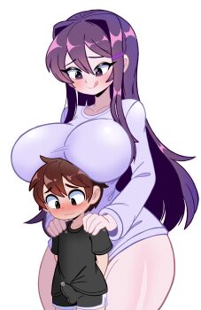 1boy 1girl absurdres age_difference aged_down arms_behind_back black_shirt black_shorts blush bottomless breasts brown_eyes brown_hair bulge doki_doki_literature_club dolphin_shorts erection erection_under_clothes hair_between_eyes hair_intakes hair_ornament hairclip hands_on_another&#039;s_shoulders heart heart-shaped_pupils hetero highres huge_breasts licking_lips long_hair long_sleeves looking_down nose_blush onee-shota precum protagonist_(doki_doki_literature_club) purple_eyes purple_hair purple_shirt self-upload shiny_clothes shiny_skin shirt short_hair short_sleeves shorts shota sidelocks simple_background size_difference smile sweatdrop symbol-shaped_pupils thick_thighs thighs tongue tongue_out unepicroachy wavy_mouth white_background wide_hips yuri_(doki_doki_literature_club)