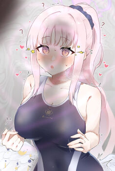 1girl :o ? @_@ adversarial_noise armpit_crease beckoning blue_archive blue_one-piece_swimsuit blush breasts cdim choppy_bangs cleavage collarbone commentary_request covered_navel emblem english_text feathered_wings hair_ornament hair_over_shoulder hair_scrunchie halo hands_up highres large_breasts long_hair long_sidelocks looking_at_penis loving_aura low_wings mika_(blue_archive) motion_lines one-piece_swimsuit orange_eyes parted_lips penis_shadow pink_hair pink_halo polka_dot polka_dot_scrunchie ponytail purple_scrunchie school_swimsuit scrunchie sidelocks solo steam steaming_body swimsuit trembling upper_body variant_set very_long_hair white_wings wings