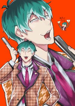 1boy antenna_hair aqua_hair arms_up black_trim brown_jacket choppy_bangs closed_eyes collared_shirt commentary_request contrast_collar contrast_lapels crossed_bangs doodle_inset earrings facing_viewer fan_to_mouth fingernails folded_fan folding_fan grin hair_between_eyes hand_fan hand_up highres holding holding_fan houndstooth hypnosis_mic jacket jewelry lapel_pin lapels long_sleeves looking_at_viewer male_focus mature_eyes multicolored_hair multiple_views narrowed_eyes necktie nurude_sasara open_mouth orange_background pale_skin partially_unbuttoned projected_inset red_necktie saturated_background shirt short_hair simple_background smile stud_earrings suit_jacket teeth translation_request unusually_open_eyes upper_body v-shaped_eyebrows very_short_hair wavy_mouth white_shirt yadamou