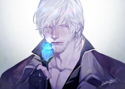 Rule 34 | 1boy, bishounen, blue eyes, blue flower, blue rose, coat, colored eyelashes, dante (devil may cry), devil may cry, devil may cry (series), devil may cry 4, dmc pa, eyelashes, facial hair, fingerless gloves, flower, gloves, holding, male focus, mature male, pale skin, pectorals, rose, simple background, smile, solo, white hair