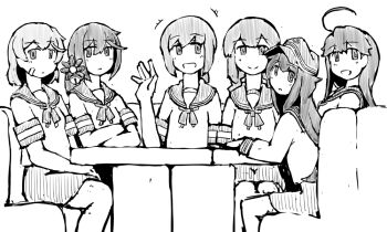 Rule 34 | 6+girls, ahoge, akatsuki (kancolle), akebono (kancolle), feet out of frame, flat cap, flower, fubuki (kancolle), greyscale, hair flower, hair ornament, hat, isonami (kancolle), kantai collection, long hair, monochrome, multiple girls, oboro (kancolle), sailor collar, sailor shirt, school uniform, serafuku, shirt, short hair, side ponytail, skirt, smile, table, task (s task80), ushio (kancolle), waving