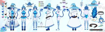 1girl absurdres aliasing ass back belt blue_garter_straps blue_hair blue_hat blue_leotard blue_nails blue_skirt blue_thighhighs braid braided_twintails breasts coat coke-bottle_glasses collar colored_sclera colored_skin colored_tongue commentary demon_girl demon_tail english_commentary frilled_collar frills from_side garter_belt garter_straps glasses goggles goggles_on_headwear grey_sclera grey_skin hair_between_eyes harinechuu hat highleg highleg_leotard highres large_breasts leotard multiple_views official_art purple_tongue reference_sheet round_eyewear sharp_teeth skirt smile socks_agency striped_clothes striped_thighhighs tail teeth test_tube test_tube_holster thighhighs thighs virtual_youtuber white_coat witch_hat yellow_eyes yomi_quinnley