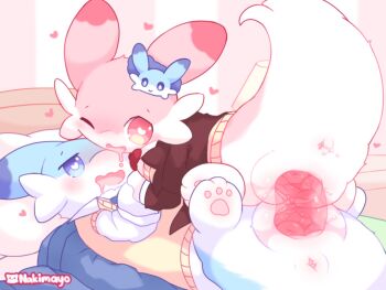 2girls animal_focus animal_sexualization anus blue_eyes chillet commentary dildo double_dildo drooling girl_on_top heart heart-shaped_eyes heart-shaped_pupils highres lying mating_(animal) mouth_drool multiple_girls nakimayo on_back one_eye_closed open_mouth palworld pink_eyes pussy school_uniform sex_toy shared_object_insertion symbol-shaped_pupils uncensored yuri