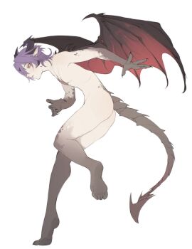 1boy absurdres aksakajay ass black_nails colored_extremities colored_sclera dragon_horns dragon_tail dragon_wings feet fingernails full_body genshin_impact hashtag-only_commentary highres horns looking_at_viewer male_focus mini_durin_(genshin_impact) nude orange_eyes pointy_ears purple_hair sharp_fingernails simple_background slit_pupils soles solo tail thighs tiptoes toes white_background wings