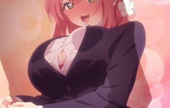 animated animated_gif bouncing_breasts breasts bursting_breasts bursting_out green_eyes hanazono_hakari kimi_no_koto_ga_dai_dai_dai_dai_daisuki_na_100-nin_no_kanojo large_breasts pink_hair school_uniform stitched third-party_edit
