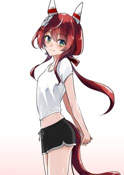 1girl absurdres animal_ears arms_behind_back black_shorts blush brown_hair closed_mouth commentary cowboy_shot dolphin_shorts ear_covers eyelashes from_side green_eyes hair_ornament hair_ribbon highres horse_ears horse_girl interlocked_fingers kakuteru_sudachi long_hair looking_at_viewer midriff navel own_hands_together ponytail red_ribbon ribbon shirt short_shorts short_sleeves shorts sidelocks simple_background smile solo standing t-shirt tail umamusume white_background white_shirt win_variation_(umamusume)