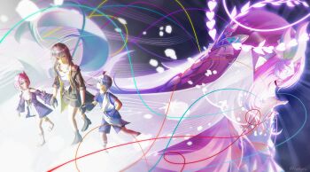 1boy 3girls absurdres aged_down black_jacket black_skirt closed_eyes coat commentary cyrene_(aedes_elysiae)_(honkai:_star_rail) cyrene_(honkai:_star_rail) cyrene_(ripples_of_past_reverie)_(honkai:_star_rail) dress gradient_hair grey_hair hair_ornament halo halo_behind_head highres holding_hands honkai:_star_rail honkai_(series) jacket lolbyts long_hair multicolored_hair multiple_girls nail_polish phainon_(honkai:_star_rail) pink_hair pink_nails pointy_ears purple_coat shirt sidelocks skirt stelle_(honkai:_star_rail) trailblazer_(honkai:_star_rail) twitter_username white_dress white_shirt