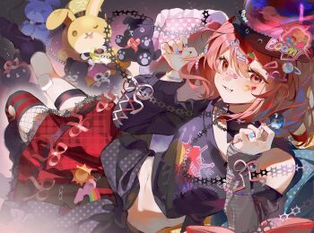 1girl absurdres bandaid bandaid_on_face bandaid_on_finger bandaid_on_hand bandaid_on_nose bead_bracelet beads black_boots black_jacket black_shirt blue_nails boots bracelet candy chinese_commentary clothes_around_waist clothes_writing commentary_request cross-laced_clothes cross-laced_sleeves decora ender_xiaohai english_text fishnet_pantyhose fishnets food food-themed_hair_ornament fur-trimmed_boots fur_trim hair_ornament hairclip hands_up heart heart_hair_ornament heart_print hecatia_lapislazuli highres holding holding_candy holding_food holding_lollipop jacket jacket_around_waist jewelry lace lace-trimmed_skirt lace_trim lollipop long_sleeves medium_hair multicolored_nails nail_art navel off-shoulder_shirt off_shoulder pantyhose pillow pink_nails pink_ribbon plaid_clothes plaid_skirt planet_hair_ornament print_pillow red_eyes red_skirt red_thighhighs ribbon ring shirt single_leg_pantyhose single_thighhigh skirt sleeves_past_wrists smile solo sticker sticker_on_face strawberry_hair_ornament stuffed_animal stuffed_dog stuffed_rabbit stuffed_toy teddy_bear thigh_strap thighhighs torn_clothes torn_thighhighs touhou yellow_nails