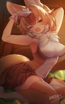 Rule 34 | 1girl, ;o, absurdres, animal ears, bare shoulders, blush, bow, breasts, brown hair, commentary request, dhole (kemono friends), dog ears, dog girl, dog tail, extra ears, gloves, highres, kemono friends, kemono friends 3, large breasts, looking at viewer, mitorizu 02, multicolored hair, one eye closed, open mouth, shirt, short hair, skirt, sleepy, sleeveless, squeans, stretching, tail, thighhighs, two-tone hair, waking up, white hair, yawning, zettai ryouiki