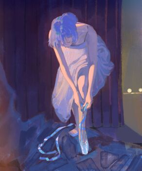 1girl absurdres ankle_lace-up backstage ballet_slippers bare_arms bare_shoulders blue_hair breasts character_request check_character chinese_commentary closed_eyes commentary_request curtains dress dressing full_body hamel_(path_to_nowhere) highres indoors luori_dianxin path_to_nowhere ponytail shoes short_hair sleeveless sleeveless_dress small_breasts solo stage_curtains white_dress white_shoes