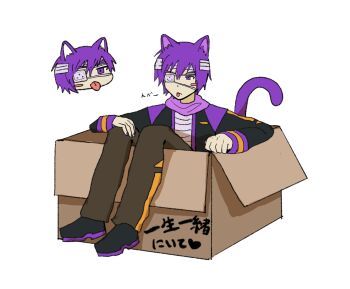 1boy :p animal_ears bandaged_head bandages black_jacket black_shoes blush_stickers box brown_pants cardboard_box cat_boy cat_ears cat_tail chibi chibi_inset colored_shoe_soles commentary cropped_head eyepatch fingernails for_adoption from_behind full_body fuyuno_(ramentaro23) hand_on_own_knee heart highres in_box in_container jacket kemonomimi_mode long_sleeves looking_ahead making_faces male_focus medical_eyepatch nail_polish one_eye_covered pants purple_eyes purple_hair purple_nails purple_scarf purple_tail scarf shoes simple_background single_blush_sticker tail tail_raised taito_(vocaloid) tongue tongue_out translation_request vocaloid white_background