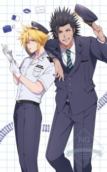 2boys adjusting_clothes adjusting_gloves aqua_eyes black_hair black_hat black_jacket black_pants black_suit blonde_hair blue_eyes cloud_strife collared_shirt commentary_request cow cross_scar earrings facial_scar final_fantasy final_fantasy_vii formal_clothes gloves gold_buttons grid_background grin hair_between_eyes hair_slicked_back hand_on_another's_shoulder hat highres holding holding_unworn_clothes holding_unworn_hat jacket jewelry leaning_on_person male_focus medium_hair multiple_boys name_tag necktie official_alternate_costume one_eye_closed original pants parted_lips scar scar_on_cheek scar_on_face sd0_ino shirt short_hair sideburns single_earring sky smile spiked_hair striped_necktie suit suit_jacket teeth twitter_username unworn_hat unworn_headwear white_gloves white_shirt zack_fair