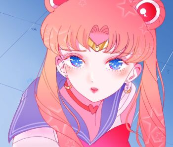 1girl bishoujo_senshi_sailor_moon blonde_hair blue_eyes blue_sailor_collar bow bowtie choker circlet commentary_request crescent crescent_earrings derivative_work double_bun earrings hair_bun heart heart_choker jewelry magical_girl meme parted_bangs red_bow red_bowtie sail_ofhope sailor_collar sailor_moon sailor_moon_redraw_challenge_(meme) screenshot_redraw solo tsukino_usagi twintails