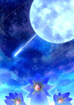 colored_skin full_moon gem gen_1_pokemon highres mega_pokemon mega_starmie moon natu_a0z0ra night night_sky nintendo no_eyes no_humans outdoors pokemon pokemon_(creature) pokemon_focus purple_skin red_gemstone shooting_star sky star_(symbol) starfish starmie
