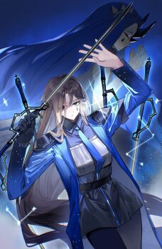 2girls absurdres armor black_gloves blue_background blue_coat blue_eyes blue_hair blue_necktie bochishiraita breastplate brown_hair closed_eyes coat commentary cowboy_shot e.g.o_(project_moon) expressionless floating floating_object floating_sword floating_weapon gloves highres holding holding_sword holding_weapon knight_of_despair limbus_company lobotomy_corporation lobotomy_corporation_(identity)_(project_moon) long_hair long_sleeves multiple_girls necktie own_hands_clasped own_hands_together project_moon rodion_(project_moon) simple_background single_glove sword symbol-only_commentary teardrop_facial_mark the_sword_sharpened_with_tears_(e.g.o) weapon