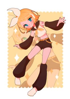 1girl belt black_leg_warmers black_sailor_collar black_shorts black_sleeves blonde_hair blue_eyes border bow closed_mouth commentary crop_top detached_sleeves full_body gold_trim hair_bow hair_ornament hairclip headphones highres kagamine_rin leaning_to_the_side leg_warmers long_sleeves navel neckerchief no_sclera outside_border parallel_hairclips sailor_collar sailor_shirt shirt shoes short_shorts shorts sleeveless sleeveless_shirt smile solo sparkle treble_clef vocaloid white_border white_bow white_shirt white_shoes yellow_background yellow_belt yellow_neckerchief yorita_genyu zoom_layer