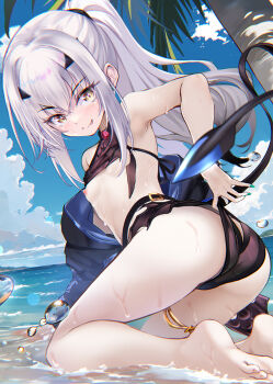 1girl ass bare_shoulders barefoot beach bikini black_bikini blue_sky blush breasts commentary_request fate/grand_order fate_(series) forked_eyebrows high_ponytail highres hitsujibane_shinobu jewelry kneeling long_hair long_sleeves looking_at_viewer melusine_(fate) melusine_(swimsuit_ruler)_(fate) melusine_(swimsuit_ruler)_(first_ascension)_(fate) nipples off_shoulder ponytail shore shrug_(clothing) sidelocks sky small_breasts smile solo swimsuit thighlet tongue tongue_out wet white_hair yellow_eyes