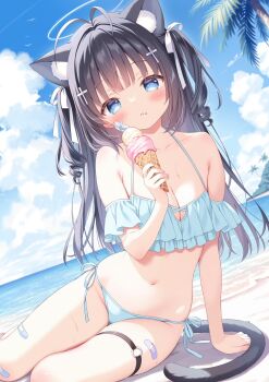 1girl animal_ear_fluff animal_ears antenna_hair arm_support armpit_crease bandaid bandaid_on_leg bandaid_on_thigh bare_shoulders beach bikini black_hair black_tail blue_bikini blue_eyes blue_sky blunt_bangs blush breasts cat_ears cat_girl cat_tail cleavage cloud cloudy_sky commission cross_hair_ornament cumulonimbus_cloud drill_hair dutch_angle eating feet_out_of_frame food food_on_face frilled_bikini frills gauze gauze_on_cheek groin hair_ornament hair_ribbon halo halterneck hashtag-only_commentary highres holding holding_ice_cream_cone horizon ice_cream_cone kasaneko_(kasaneko3) looking_at_viewer navel o-ring o-ring_thigh_strap original palm_tree ribbon shira_momo_miru shore side-tie_bikini_bottom sitting skeb_commission sky solo stomach sweat swimsuit tail thigh_strap tree twin_drills two_side_up white_ribbon yokozuwari