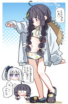 2girls absurdres ahoge bikini black_hair black_shoes blue_archive blue_bow blush bow braid brown_hat chibi closed_mouth crocs dash_b flying_sweatdrops grey_hair grey_halo hair_bow halftone halftone_background halo hat hat_on_back highres jacket leaf_print long_hair long_sleeves low_twintails miyako_(blue_archive) miyako_(swimsuit)_(blue_archive) miyu_(blue_archive) miyu_(swimsuit)_(blue_archive) multiple_girls navel open_clothes open_jacket ponytail print_bikini puffy_long_sleeves puffy_sleeves purple_eyes red_eyes shoes sleeves_past_wrists standing straw_hat swimsuit translation_request twin_braids twintails very_long_hair white_bikini white_jacket