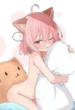 1girl absurdres ahoge animal_ears blush breasts cat_ears cat_girl commentary_request completely_nude glasses hair_between_eyes heart highres hugging_object looking_at_viewer navel nidelva nidelva_(character) nude one_eye_closed open_mouth original pillow pillow_hug pink_eyes pink_hair short_hair small_breasts solo speech_bubble stomach stuffed_animal stuffed_toy white_background