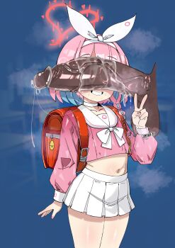 1boy 1girl absurdres after_fellatio arona_(blue_archive) backpack bag blue_archive blue_background blue_hair covered_eyes cowboy_shot dark-skinned_male dark_skin dimitri_becker erection flat_chest grin halo heart heart_halo highres loli long_sleeves midriff military_uniform multicolored_hair naval_uniform navel penis penis_awe penis_on_face penis_over_eyes pink_hair pink_shirt pleated_skirt randoseru shirt short_hair skirt smile standing steaming_body two-tone_hair uncensored v white_skirt