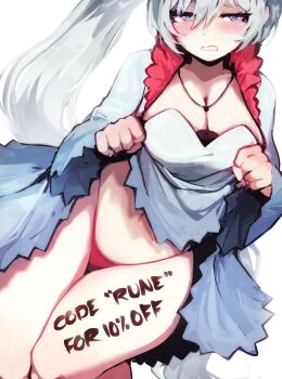 1girl blairevt blue_eyes blush body_writing breasts cleavage clothes_lift commentary curvy dress dress_lift english_commentary english_text hair_between_eyes highres jewelry lifting_own_clothes long_hair medium_breasts navel necklace panties red_panties red_thong rwby side_ponytail solo thick_thighs thighs underwear weiss_schnee white_background white_dress white_hair