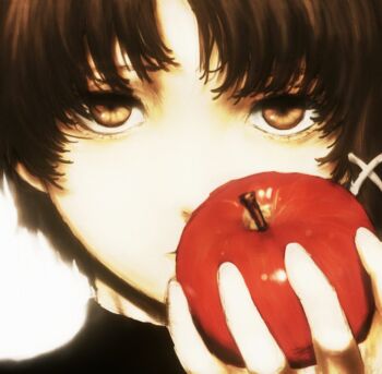 1girl apple brown_eyes brown_hair covered_mouth food fruit hair_ornament holding holding_food holding_fruit iwakura_lain looking_at_viewer portrait ranm12s serial_experiments_lain solo straight-on x_hair_ornament