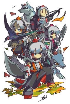 4girls :< absurdres animal_ear_fluff animal_ears bird bird_on_hand black_skirt bow_(weapon) brown_gloves closed_mouth commentary_request crossbow crow doggo_1d34 geta gloves grey_gloves grey_hair hat headset highres holding holding_crossbow holding_shield holding_sword holding_weapon inubashiri_momiji looking_at_viewer multiple_girls red_eyes red_hat shield signature simple_background skirt sword tail tengu-geta tokin_hat touhou weapon white_background wolf wolf_ears wolf_girl wolf_tail wolf_tengu_extra_(touhou)