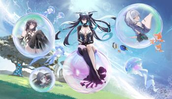 4girls absurdres aqua_hair bare_shoulders black_hair blue_hair bodysuit breasts bubble cleavage colored_inner_hair danny_marx gloves goddess_of_victory:_nikke hair_intakes halterneck highres large_breasts little_mermaid_(abyss_flower)_(nikke) little_mermaid_(nikke) long_hair looking_at_viewer mihara_(bonding_chain)_(nikke) mihara_(nikke) mori_(nikke) multicolored_hair multiple_girls see-through_cleavage see-through_clothes twintails very_long_hair yellow_eyes yuni_(chimera)_(nikke) yuni_(nikke)