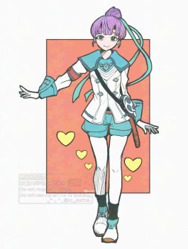 1girl blue_shorts closed_mouth commentary_request fiona_(xenoblade) full_body gloves heart horns leggings leggings_under_shorts looking_at_viewer mizss outstretched_arm purple_hair red_background shoes shorts skin-covered_horns smile solo standing watermark white_background white_gloves white_leggings xenoblade_chronicles_(series) xenoblade_chronicles_3