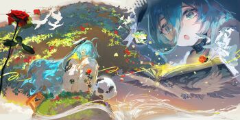 1girl abstract_background absurdres ahoge aqua_eyes aqua_hair bird blue_dress book choker closed_eyes coat dove dress duet_night_abyss fina_(duet_night_abyss) flower gloves hairband highres kneeling long_hair multiple_views open_book open_mouth rafaelaaa red_flower red_rose rose sheep studded_choker tombstone very_long_hair white_coat white_gloves