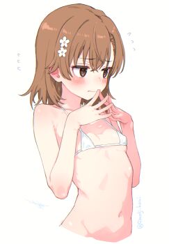 1girl absurdres alternate_costume bare_arms bikini blush breasts brown_hair collarbone commentary_request cropped_torso flower flying_sweatdrops hair_flower hair_ornament halterneck highres komodj looking_ahead medium_hair micro_bikini misaka_mikoto navel own_hands_together signature simple_background small_breasts solo steepled_fingers stomach string_bikini swimsuit toaru_majutsu_no_index twitter_username upper_body white_background white_bikini