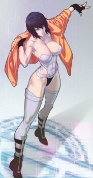 1girl belt blue_eyes breasts cleavage cyborg fingerless_gloves from_above full_body ghost_in_the_shell ghost_in_the_shell:_stand_alone_complex gloves highres jacket kusanagi_motoko large_breasts laughing_man_(gits) leotard orange_jacket outstretched_arm purple_hair putting_on_jacket short_hair_with_long_locks solo standing thighhighs tomoyuki_kotani toned toned_female