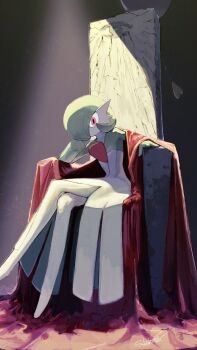 bob_cut colored_skin commentary_request crossed_legs dress gardevoir gen_3_pokemon green_hair green_skin hair_over_one_eye highres multicolored_skin nintendo pink_eyes pokemon pokemon_(creature) sakuraiisui sitting sitting_on_throne throne two-tone_skin white_dress white_skin