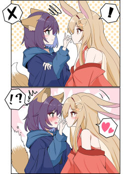 ! !? 2girls animal_ears blush cho_kaguya-hime! commentary_request crescent crescent_hair_ornament eye_contact finger_in_another's_mouth fox_ears fox_shadow_puppet fox_tail green_eyes gy5hjtmlvu22471 hair_ornament heart highres hitodama japanese_clothes kaguya_(cho_kaguya-hime!) kimono kiss kissing_hand looking_at_another multiple_girls off_shoulder orange_eyes purple_hair rabbit_ears red_kimono sakayori_iroha short_hair spoken_exclamation_mark spoken_heart spoken_interrobang spoken_x tail yuri