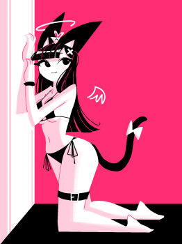 Rule 34 | 1girl, andaerz, animal ears, bare shoulders, bikini, black bikini, black eyes, black hair, bow, bracelet, breasts, cat ears, cat girl, cat girl (andaerz), cat tail, halo, highres, jewelry, kneeling, large ears, long hair, medium breasts, mouse (animal), navel, original, side-tie bikini bottom, swimsuit, tail, tail bow, tail ornament, thigh strap, white bow, wide hips, wings