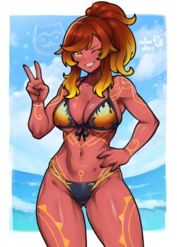 1girl absurdres artist_name bad_tag bikini blonde_hair blue_sky breasts cleavage cloud colored_skin commentary cowboy_shot english_commentary front-tie_bikini_top front-tie_top gluteal_fold gradient_background grin hand_on_own_hip hand_up high_ponytail highres long_sidelocks looking_to_the_side multicolored_bikini multicolored_hair multicolored_swimsuit navel ocean one_eye_closed orange_hair original parted_bangs ponytail red_hair red_skin rotomdocs sideboob sidelocks signature sky smile solo standing stomach swimsuit toned toned_female underboob