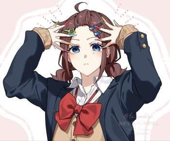 1girl ahoge bangs_pinned_back blue_eyes blue_jacket bow bowtie brown_cardigan brown_hair cardigan closed_mouth collared_shirt commentary decora dress_shirt fingernails fu_iwashibou girls_band_cry green_nails gyaru highres iseri_nina jacket long_fingernails low_twintails medium_hair multicolored_nails nail_polish open_clothes open_jacket pink_nails red_bow red_bowtie red_nails shirt short_twintails solo twintails upper_body white_shirt yellow_nails