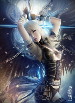 1girl 3d arms_up belt black_panties blonde_hair breasts chain cleavage collar female_focus gloves glowing lace lace-trimmed_panties lace_trim lips long_hair mario_wibisono panties realistic small_breasts solo sword thighhighs underwear weapon