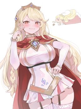 1girl :3 absurdres armlet bangle blonde_hair blush bracelet braid breasts cape chibi chibi_inset dress empire_waist erpin_(trickcal) garter_straps hand_on_own_hip highres jewelry large_breasts long_hair looking_at_viewer mikotarou miniskirt neck_ring pointing pointing_at_self red_cape red_eyes short_eyebrows sideboob sideless_dress single_braid skirt solo sparkling_eyes swept_bangs thighhighs trickcal very_long_hair white_dress white_thighhighs zettai_ryouiki