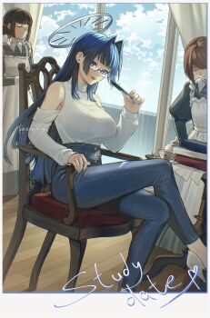 Rule 34 | 3girls, absurdres, blue eyes, blue hair, blue pants, blunt bangs, blunt ends, breasts, brown hair, clothing cutout, colored inner hair, commentary, crissydissy, dayhalo, denim, english commentary, hair intakes, high-waist pants, highres, hime cut, holding, holding pen, hololive, hololive english, indoors, jeans, large breasts, long hair, long sleeves, maid, multicolored hair, multiple girls, official alternate costume, official alternate hairstyle, ouro kronii, ouro kronii (casual), pants, pen, shirt, shoulder cutout, sidelocks, sitting, turtleneck, virtual youtuber, white shirt