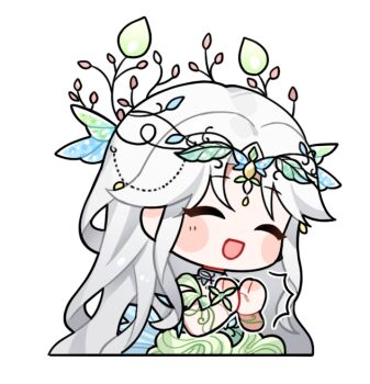 1girl ^_^ artist_request beads blue_wings blush_stickers butterfly_hair_ornament chibi choker circlet clapping closed_eyes clothing_cutout cropped_legs dress eyelashes fairy fairy_wings flower_dress forest_ripple_(infinity_nikki) green_dress grey_choker hair_beads hair_ornament happy infinity_nikki jewelry long_hair low_wings necklace nikki_(series) official_art open_mouth short_sleeves shoulder_cutout smile solo transparent_background wavy_hair white_hair wings