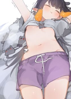 1girl absurdres alternate_costume blush breasts chocosong commentary_request drooling highres hololive hololive_english long_hair lying mouth_drool navel on_back purple_hair purple_shorts shirt shorts sleeping small_breasts solo takodachi_(ninomae_ina'nis) tentacle_hair very_long_hair virtual_youtuber white_background white_shirt