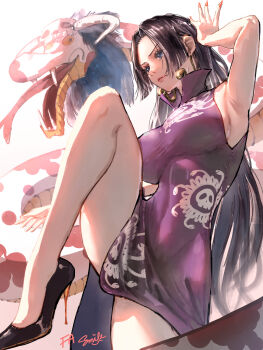 1girl absurdres arm_up armpits black_hair black_shoes blue_eyes boa_hancock breasts china_dress chinese_clothes closed_mouth commentary_request cowboy_shot dress high_collar high_heels highres impossible_clothes impossible_dress knee_up large_breasts long_hair looking_ahead nail_polish one_piece one_piece_card_game purple_dress red_nails salome_(one_piece) shoes smile_(qd4nsvik) solo very_long_hair