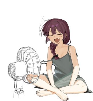 1girl black_nails blush bocchi_the_rock! braid closed_eyes commentary_request dress electric_fan fang film_grain full_body green_dress haidao_mao highres hiroi_kikuri indian_style long_hair nail_polish open_mouth purple_hair simple_background single_braid sitting solo strap_slip sweatdrop toenail_polish toenails white_background