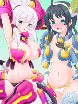 2girls absurdres ahoge alternate_breast_size aqua_eyes armor armpits bikini_armor black_hair blush braid breasts cosplay feather_hair_ornament feathers gloves green_eyes hair_ornament high_ponytail highres huntress_terun large_breasts looking_at_viewer machinery multiple_girls navel neruth nyanko_daisensou ponytail small_breasts surprised thundia_(nyanko_daisensou) thundia_(nyanko_daisensou)_(cosplay) ururun_wolf_(nyanko_daisensou) white_hair windy_(nyanko_daisensou) windy_(nyanko_daisensou)_(cosplay) wire