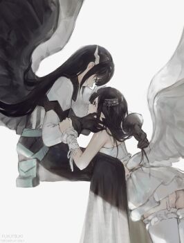 2girls absurdres ass bent_over black_eyes black_hair black_skirt black_wings blush borrowed_character breasts camisole closed_mouth commentary english_commentary feathered_wings fuyutsuki11 garter_straps green_eyes hand_on_another's_arm hands_on_another's_face highres holding_another's_hair leise_(fuyutsuki11) long_hair looking_at_another magpie_(phyriaxi) multiple_girls open_mouth original pointy_ears shirt sitting skirt smile thighhighs white_camisole white_garter_straps white_shirt white_skirt white_thighhighs white_wings wings yuri